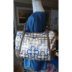 Coach Alexandria signature satin purse chain leather beige blue hobo luxury